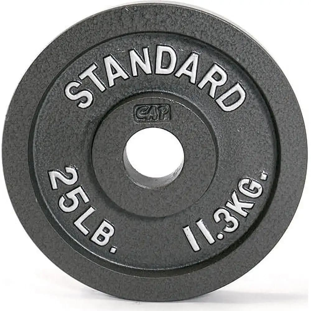 Grey cast iron weight plate with barbell, 25 pounds, made of solid cast iron for a duration