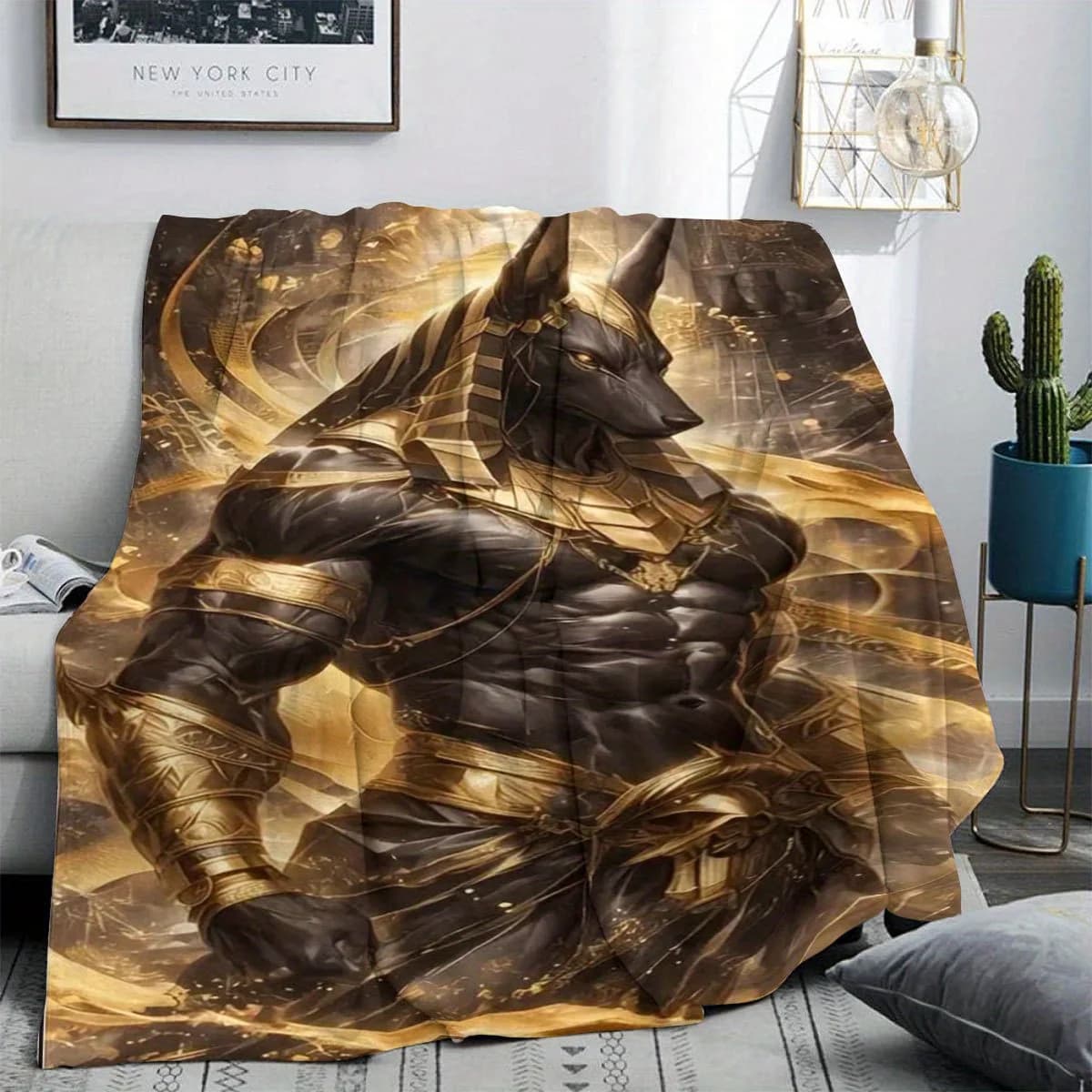 Anubis Egyptian God Print Flannel Blanket Modern Design All Seasons Use