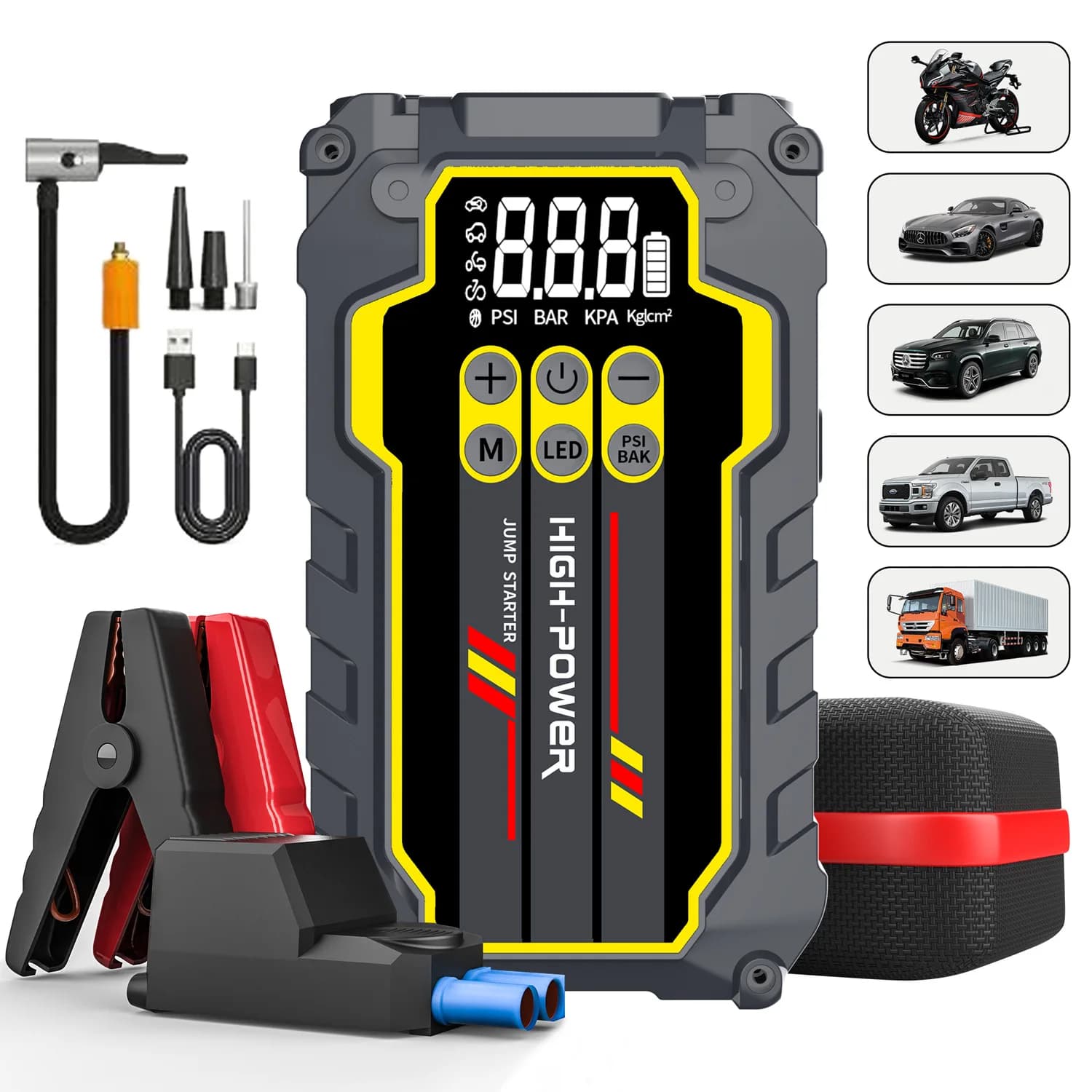 Avviatore d'Emergenza 5-in-1 per Auto con Pompa d'Aria 2000A, Avviatore Portatile per Batteria Auto, Gonfiatore Pneumatici 150PSI, Power Bank 10000mAh