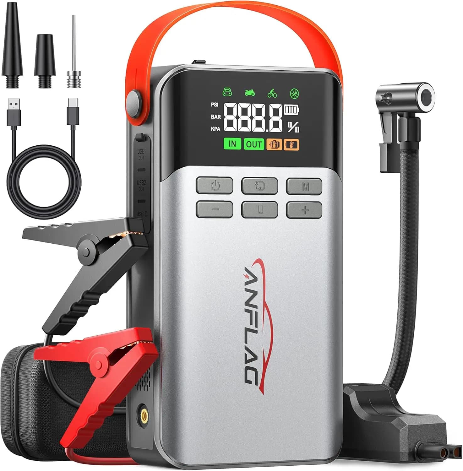 Avviatore di emergenza per auto 8 in 1 con compressore d'aria, potenza di picco 5500 A, gonfiatore per pneumatici da 150 PSI, power bank portatile per tutti i veicoli