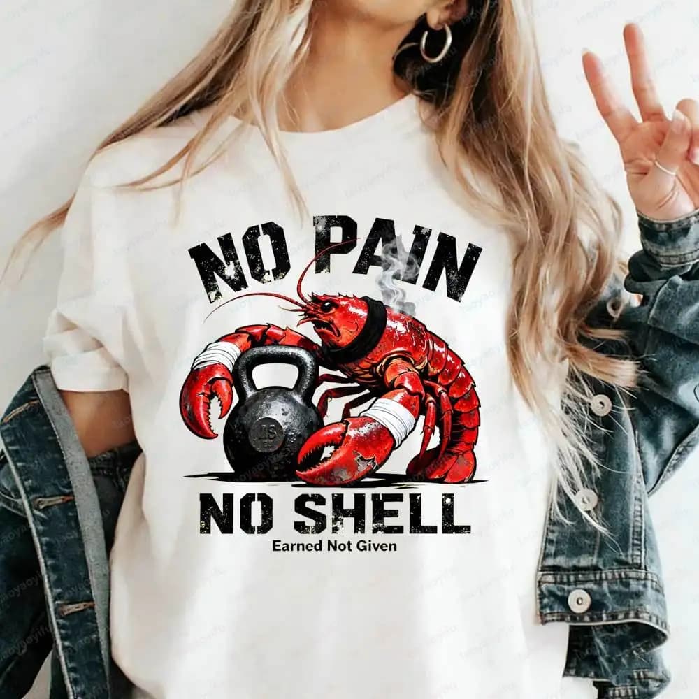T-shirt con grafica No Pain No Shell Lobster Gym - Divertente maglietta fitness per sollevamento pesi con kettlebell, top casual da allenamento a maniche corte Y2k