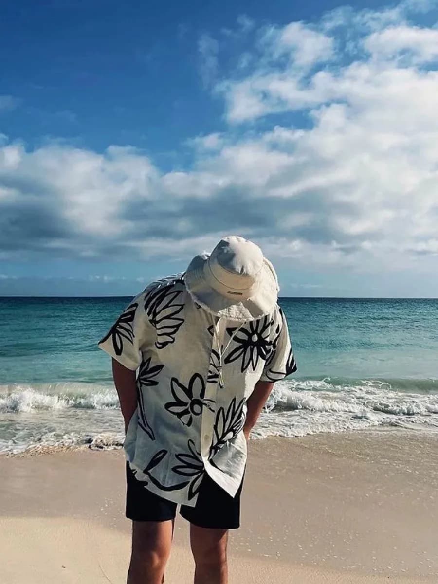 Hawaii White Floral Cuban Collar Men's Casual Beach Vacation Sun Protection Short Sleeve Shirt Jacket Breathable Loose Fit
