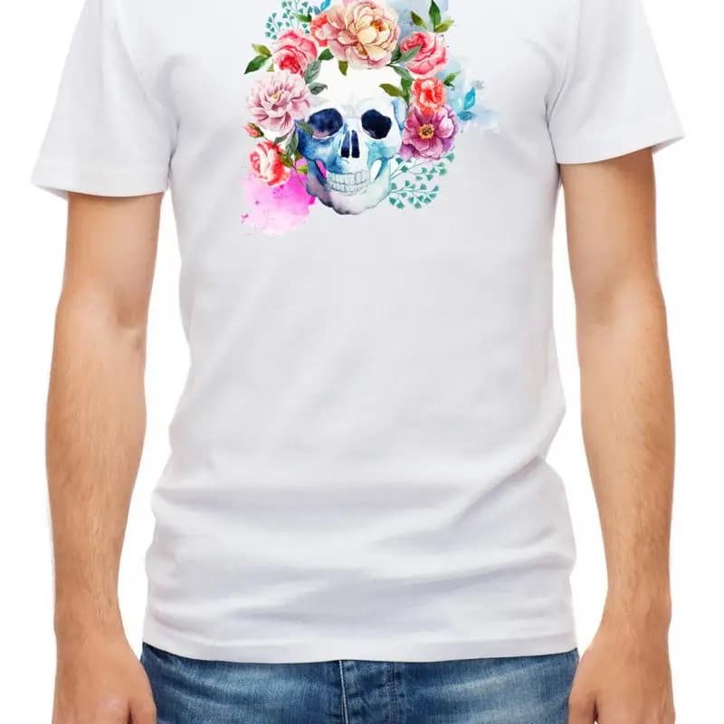 Skull With Flowers Watercolor Effect White Men's T Shirt D336