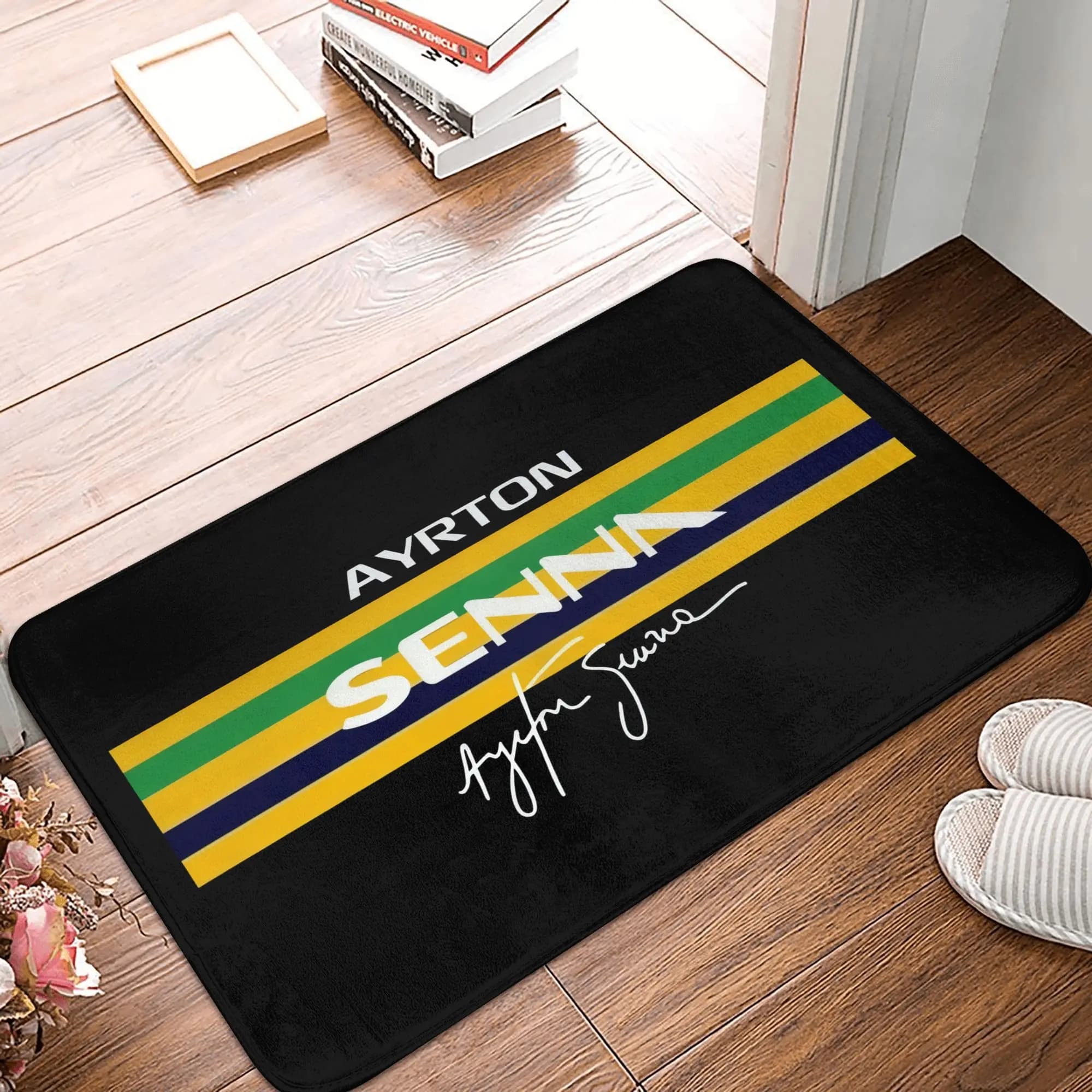VIKAMA Ayrton Senna Signature Doormat,Non‑Slip Brazil Flag Stripe Floor Rug,F1 Racing Legend Decor Mat for Entryway Bedroom Rug
