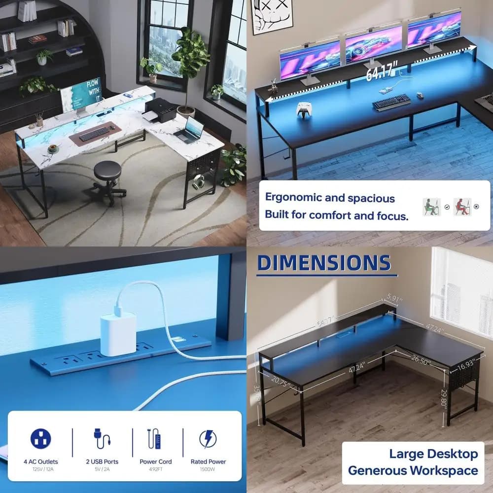 Scrivania da Gaming a L da 64 Pollici con Luci LED e Prese di Corrente, Ampia Scrivania per Computer con Supporto Monitor, Piano in Marmo per Ufficio Domestico
