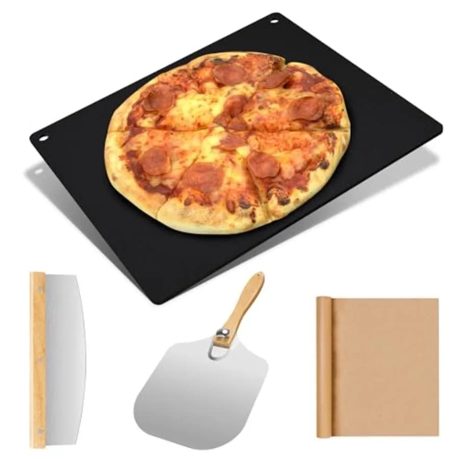 Large Cast Iron Pizza Stone Set for Oven and Grill - 16x13.4x1/4 Inch Steel Pizza Baking Stone 4 PCS Pizza Making Accessories K