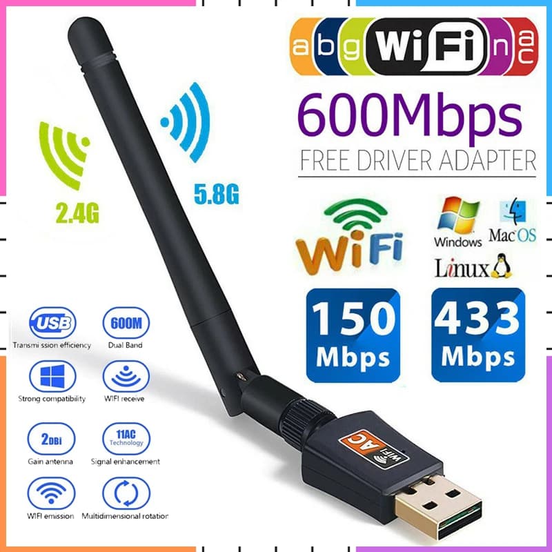 Adattatore WiFi 600Mbps Dual Band 2.4G + 5GHz Wireless Wifi Dongle Card Ricevitore USB 802.11AC Rete LAN PC Antenna portatile