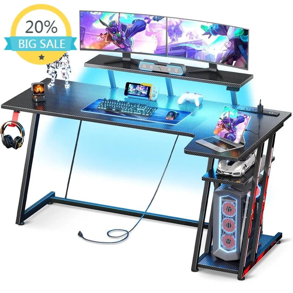 Grande Offerta di Liquidazione: Scrivania da Gaming a L da 55 Pollici con Illuminazione LED, Vano Portaoggetti e Supporto per Monitor, Texture in Fibra di Carbonio, Nera