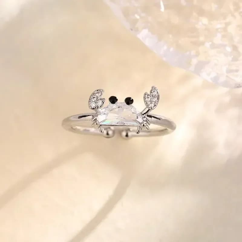 Creative Design Crystal Crab Stainless Steel Opening Rings for Women Exquisite Cute Marine Animal Finger Accessory Jewelry
