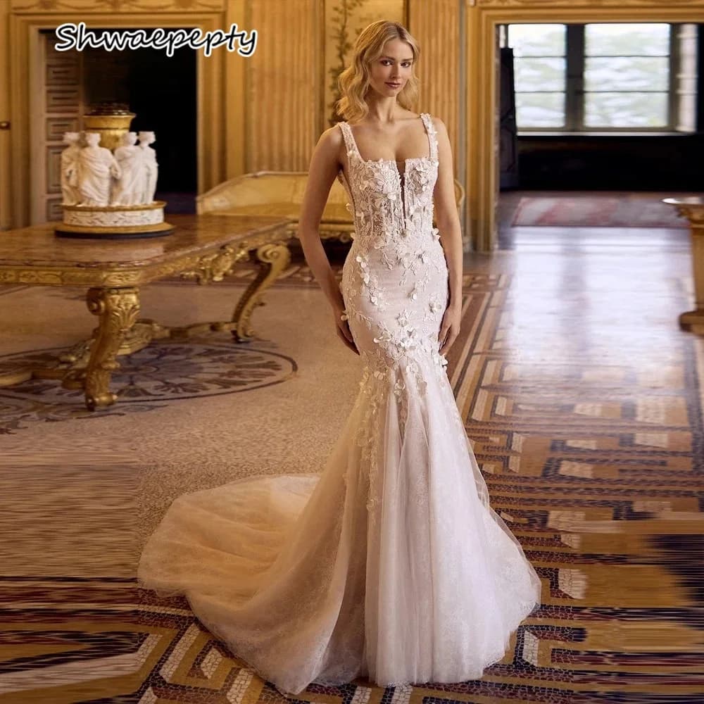 Abito da sposa a sirena senza spalline in pizzo Boho Abito da sposa senza maniche con applicazioni floreali Corte dei treni Abiti da sposa personalizzati