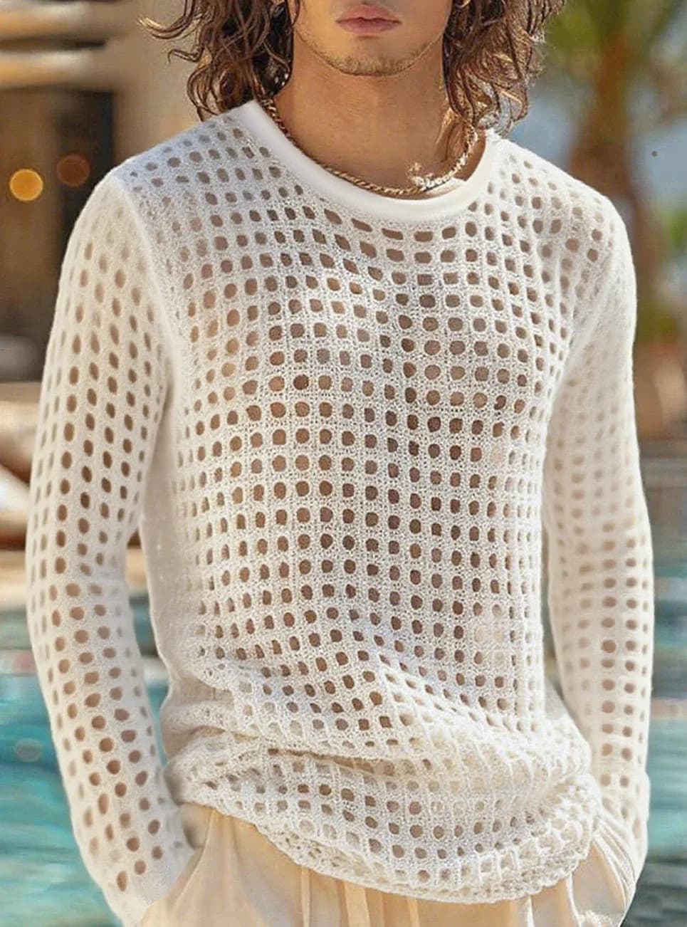 Maglietta a Maniche Lunghe da Uomo in Maglia Traforata, Stile Americano Casual, Semplice e Sexy, Primavera/Estate