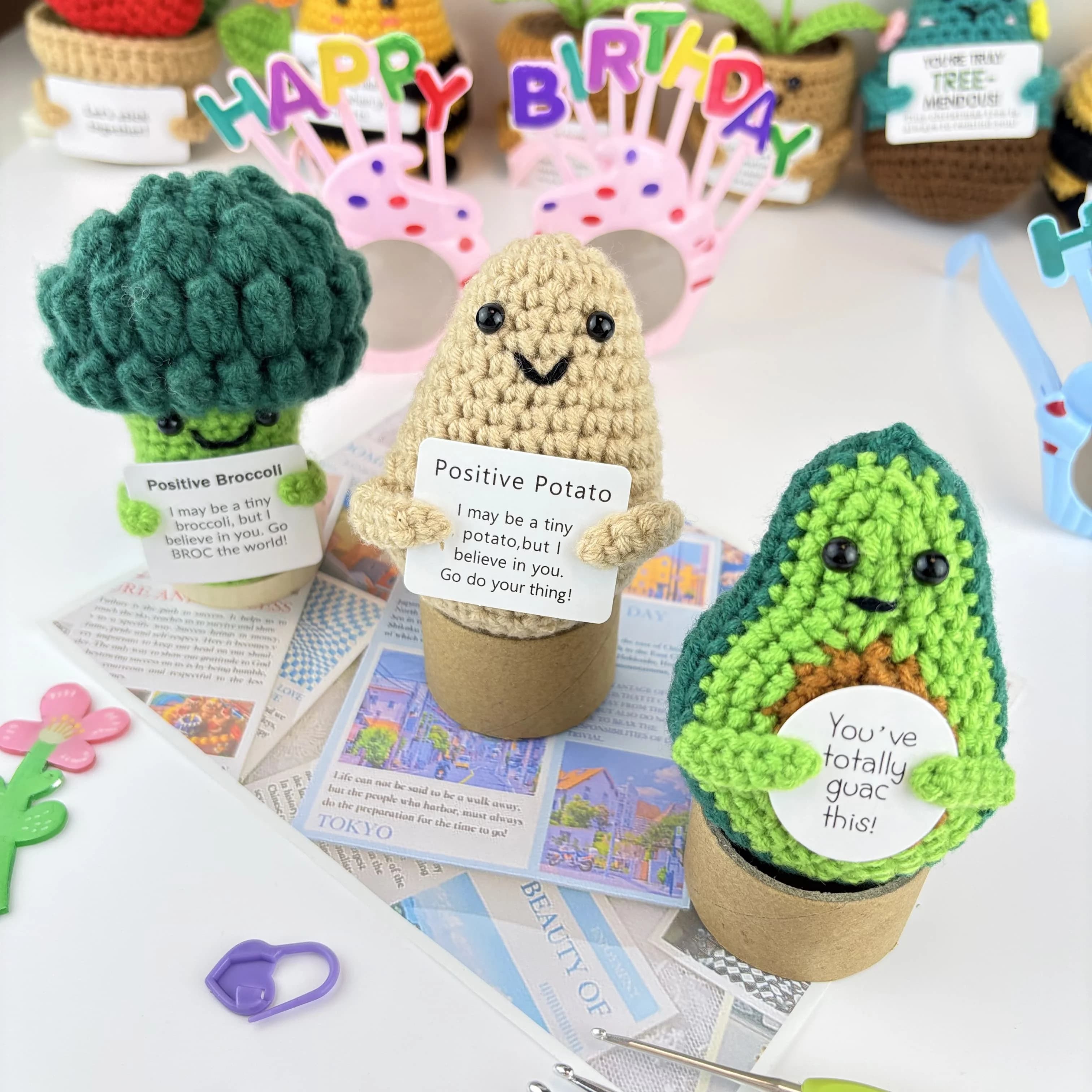 Positive Energy Pocket Hug Knitted Crochet Potato Avocado Broccoli Doll Multiple Cute Emotional Support Handmade Present Gift
