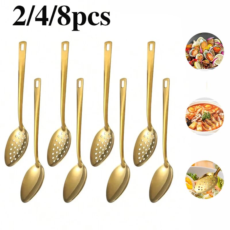 Set di utensili da cucina in acciaio inossidabile da 2/4/8 pezzi, lussuoso scolapasta dorato, per famiglia, esterno e cucina.