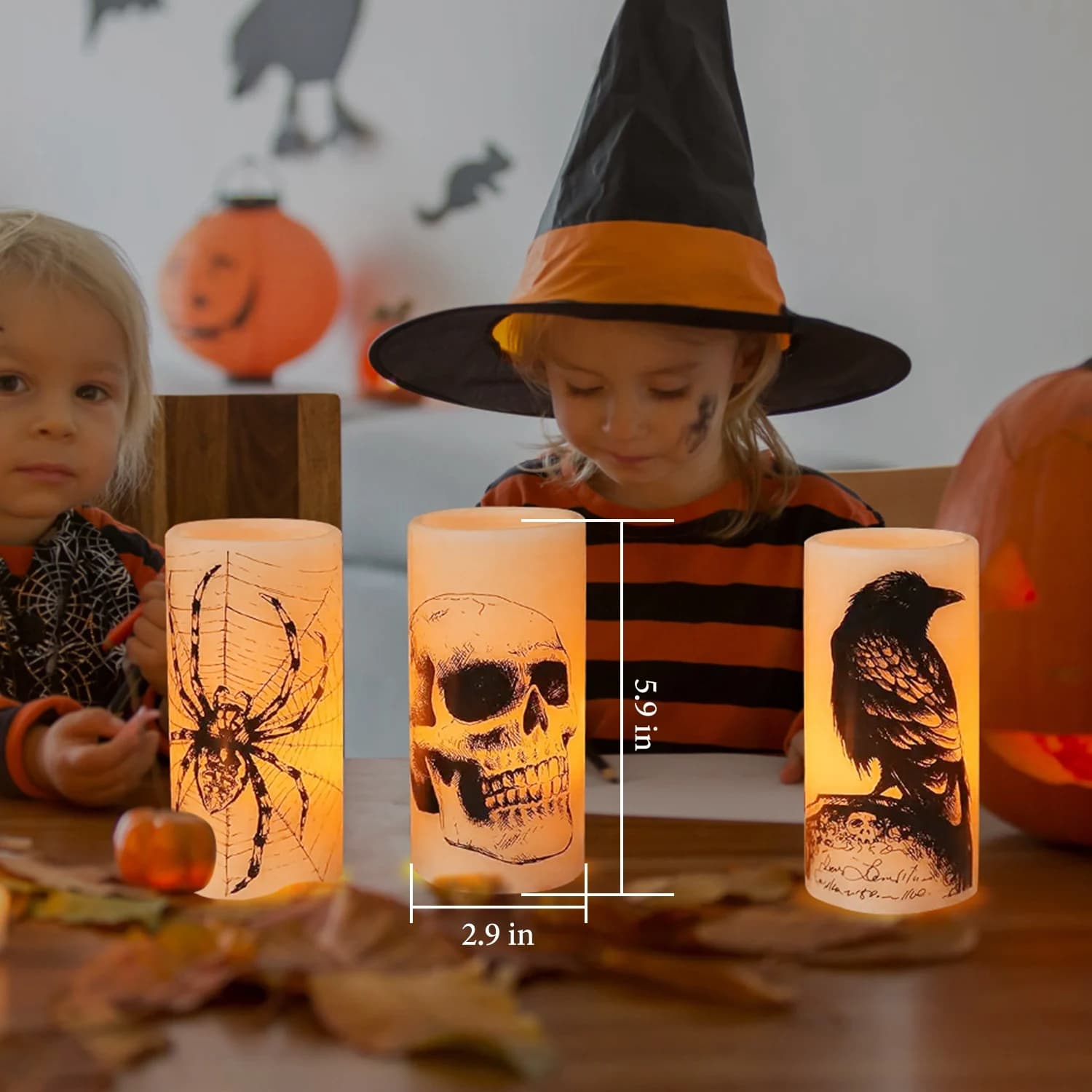 Candele senza fiamma di Halloween alimentate a batteria con timer - Confezione da 3 modelli di zucca del castello del pipistrello della strega del teschio del corvo del ragno per Halloween
