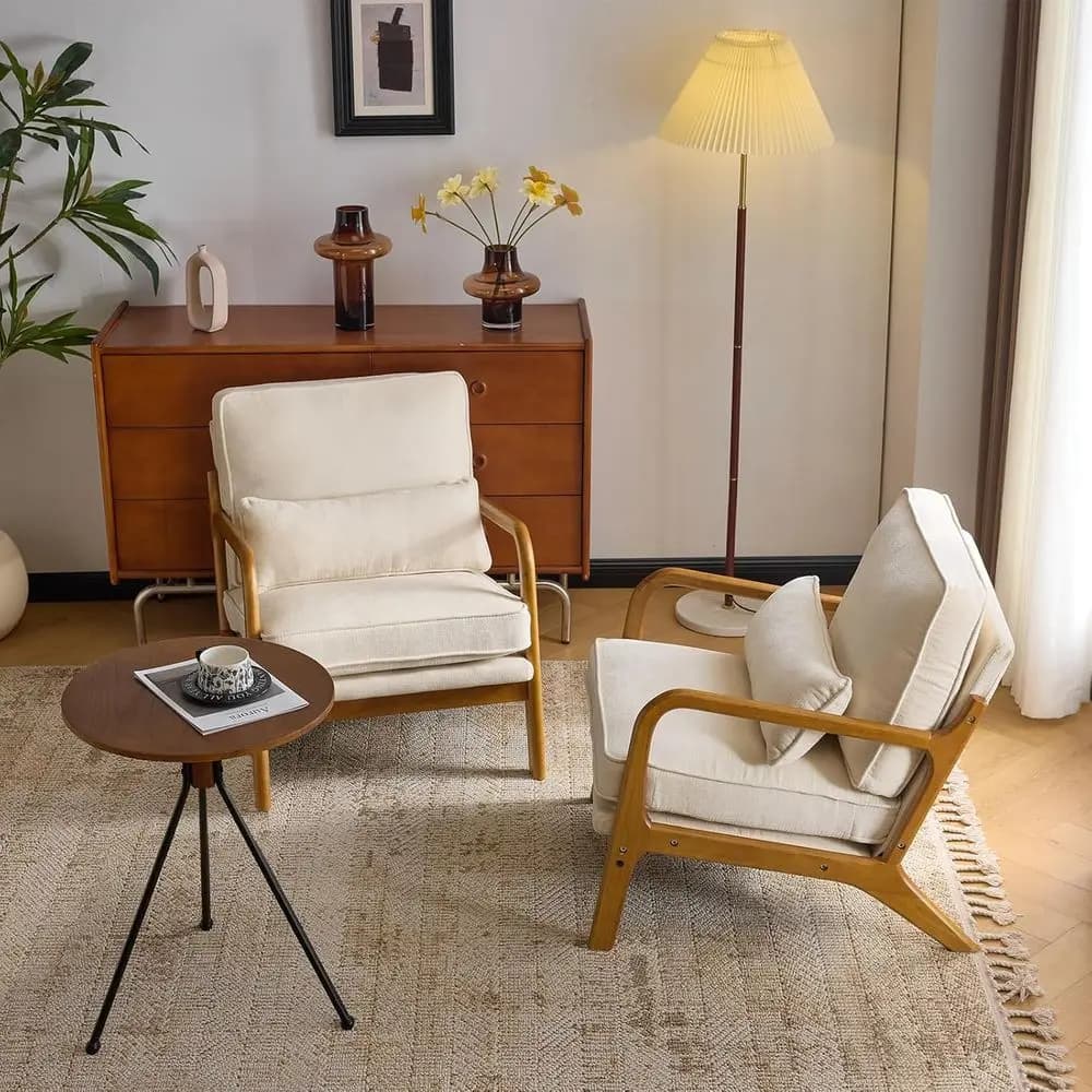 Set di 2 poltrone accent chenille Century, graziosa poltrona da lettura con cuscino e supporto lombare, in legno massello per soggiorno o lounge