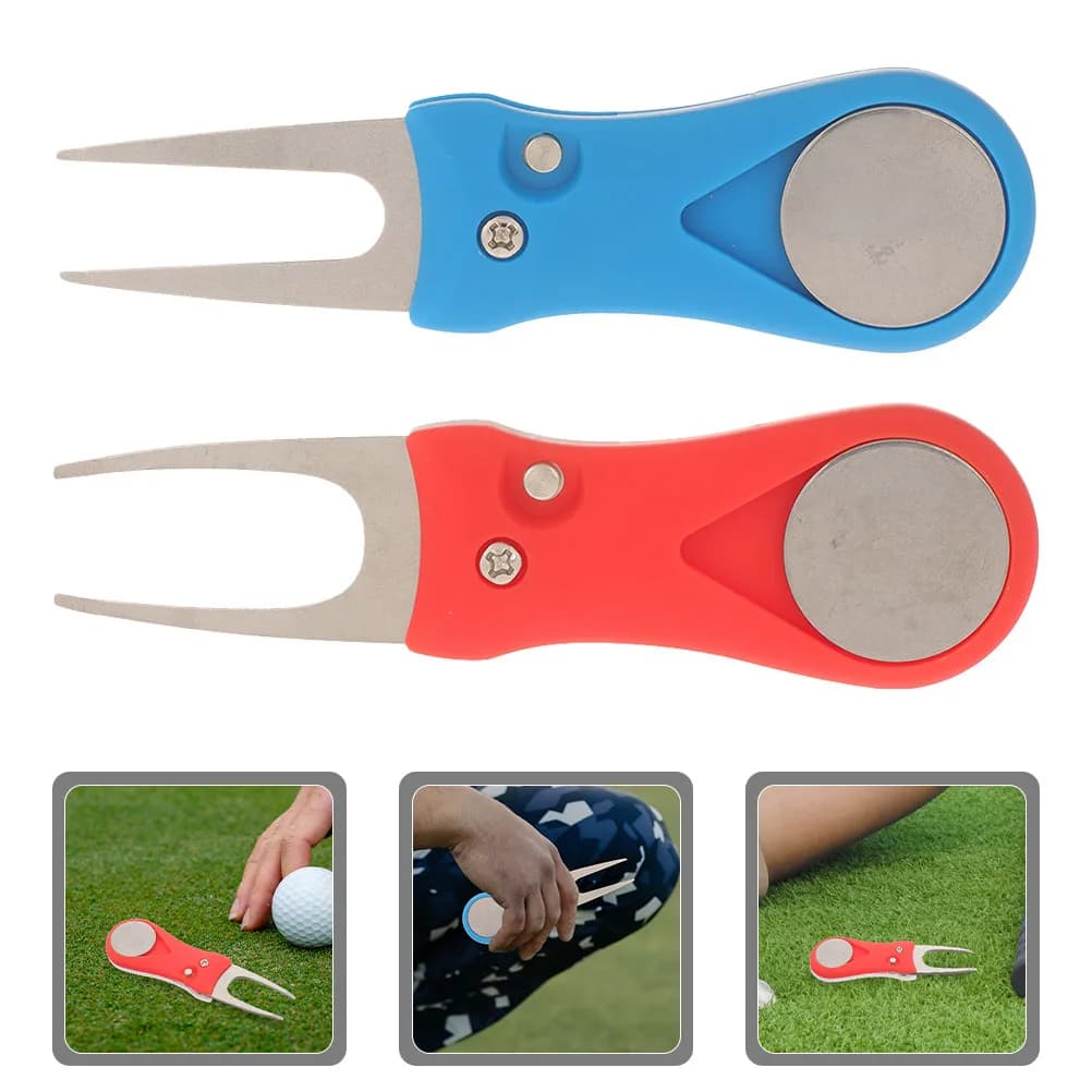 Set di 2 Attrezzi per Riparazione Divot da Golf in Plastica e Acciaio Inossidabile, Accessori Portatili per il Golf con Marcatore per Palline