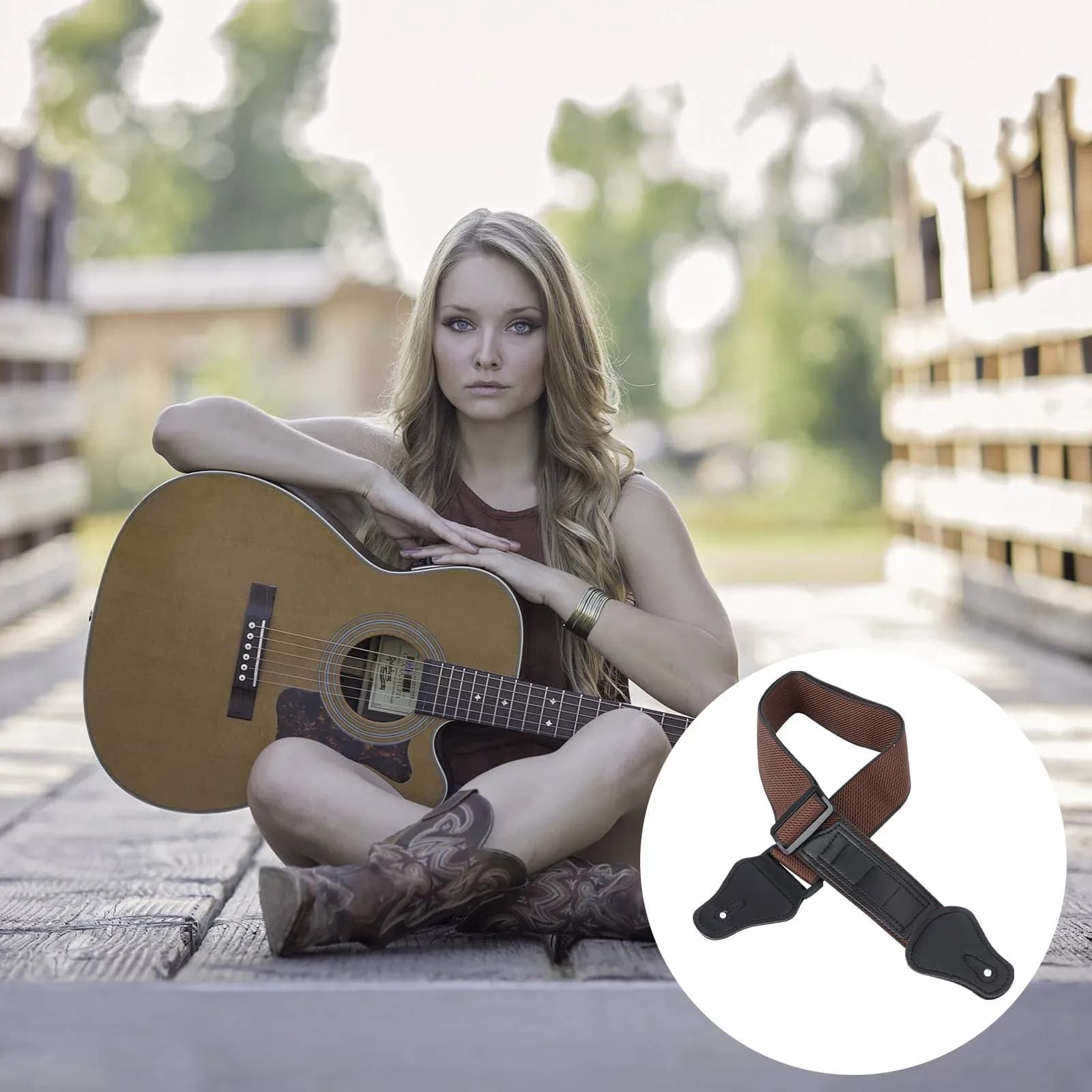 Tracolla Professionale Regolabile per Chitarra in PU e Cotone, per Chitarre Acustiche ed Elettriche, Antiusura e Antiscivolo con Portaplettro