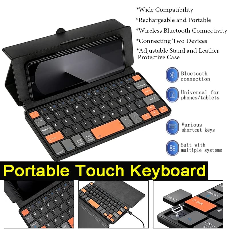Travel Keyboard Foldable Leather Case Stand & Leather Case Rechargeable Wireless Dual Bluetooth Numeric Keypad for Office