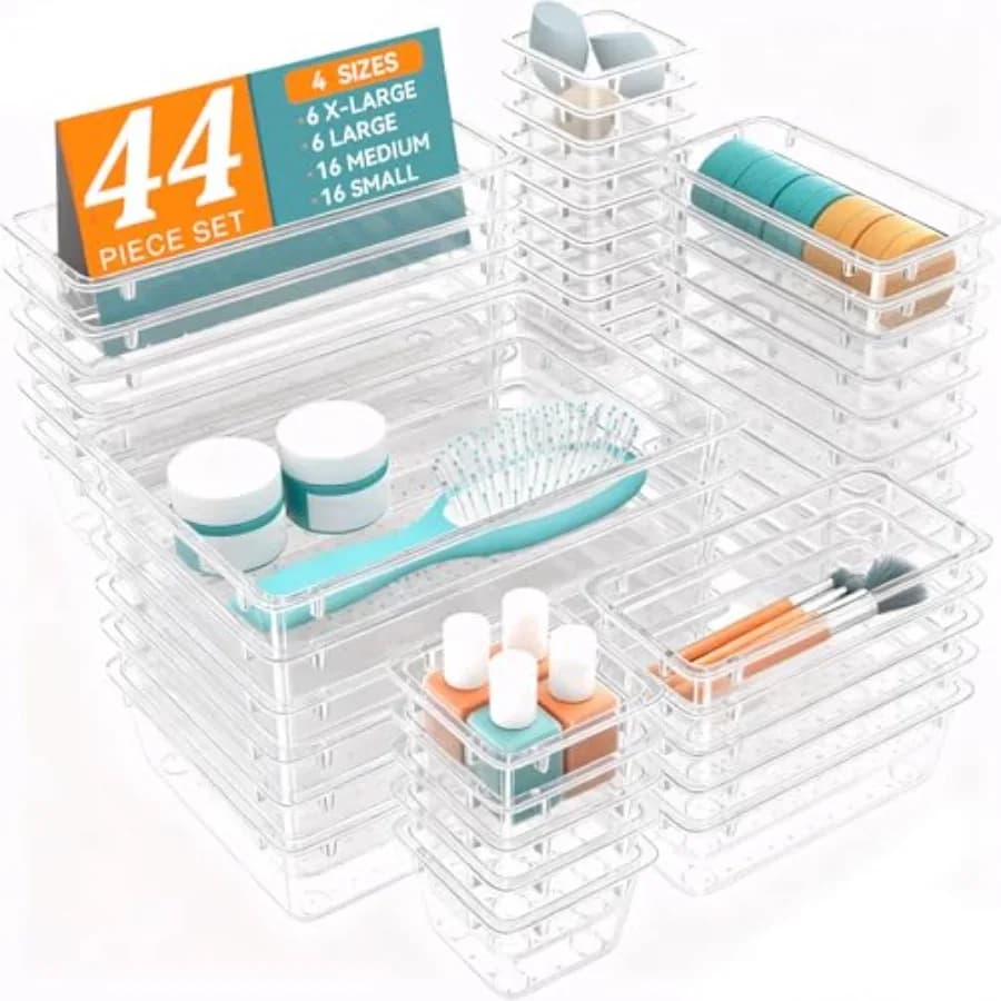 Set di 44 organizer trasparenti in plastica per cassetti, 5 contenitori di diverse dimensioni e vassoi organizer per cassetti da scrivania, per trucchi, gadget e altro.
