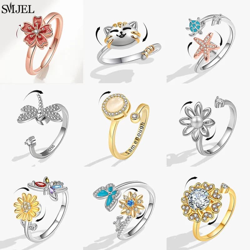 Anelli di lusso antistress per l'ansia Anello Fidget Spinner regolabile per le donne Anello carino fiore gatto stella marina che ruota liberamente gioielli