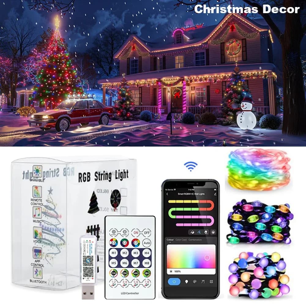 Luci natalizie USB RGB intelligenti: telecomando Bluetooth, sincronizzazione musicale, impermeabile, per la decorazione di ambienti interni/esterni