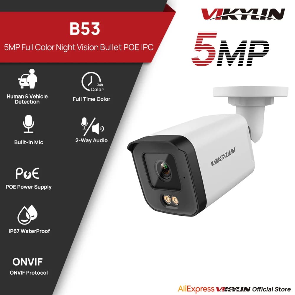 VIKYLIN 5MP IP Security Camera Full Color Two-Way Audio Poe Human & Vehicle Detection ONVIF SD Storage IP66 Outdoor CCTV Camera