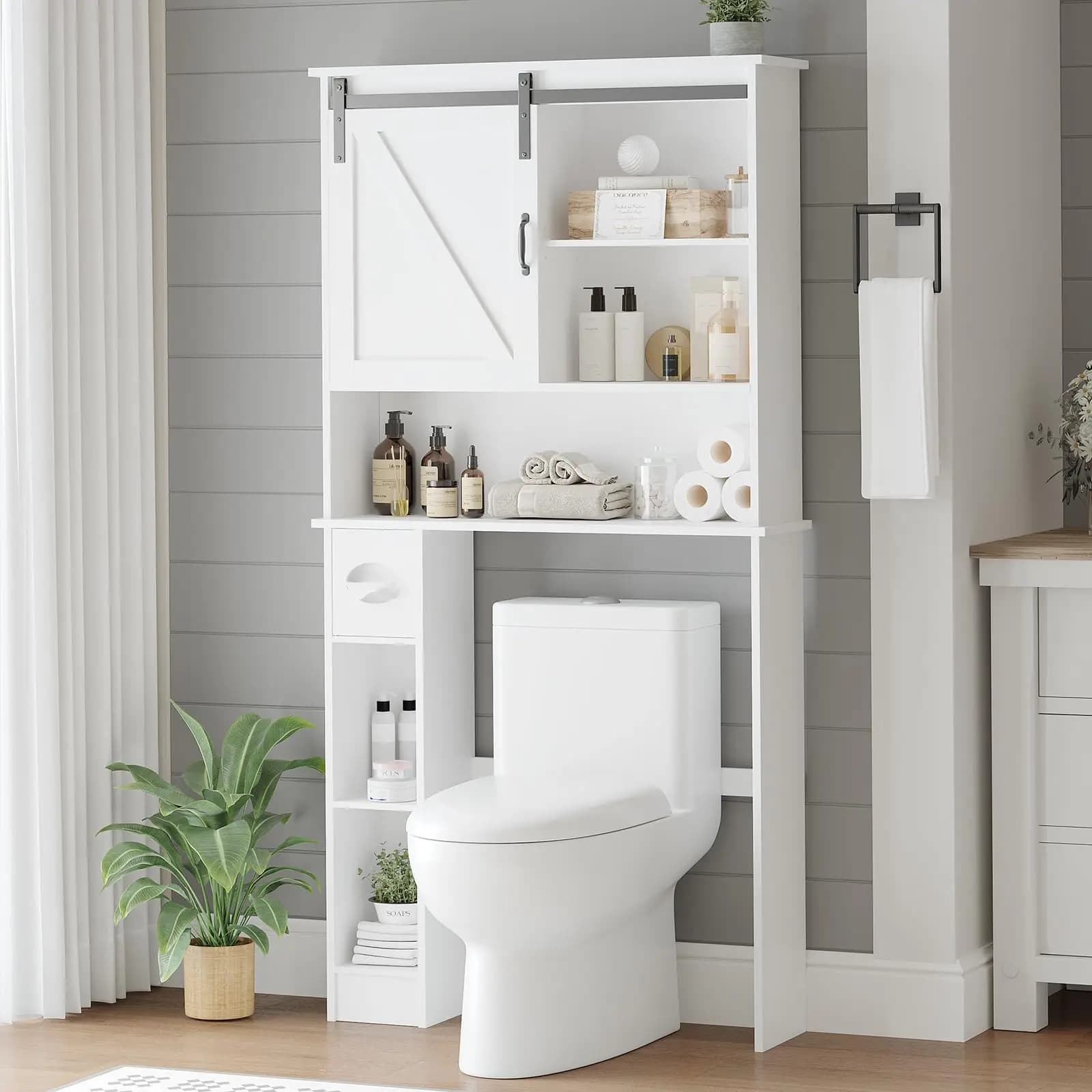 Mobiletto sopra WC con porta scorrevole, ripiani regolabili e porta rotolo, organizer autoportante per bagno e lavanderia