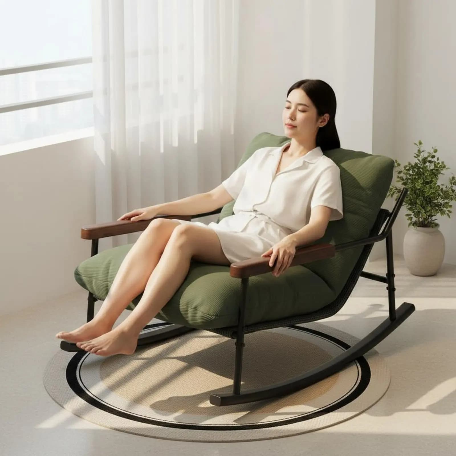 Poltrona Reclinabile Imbottita con Seduta Ampia, Sedia a Dondolo Moderna con Telaio in Metallo, Design Ergonomico, Arredamento per Interni per Camera da Letto