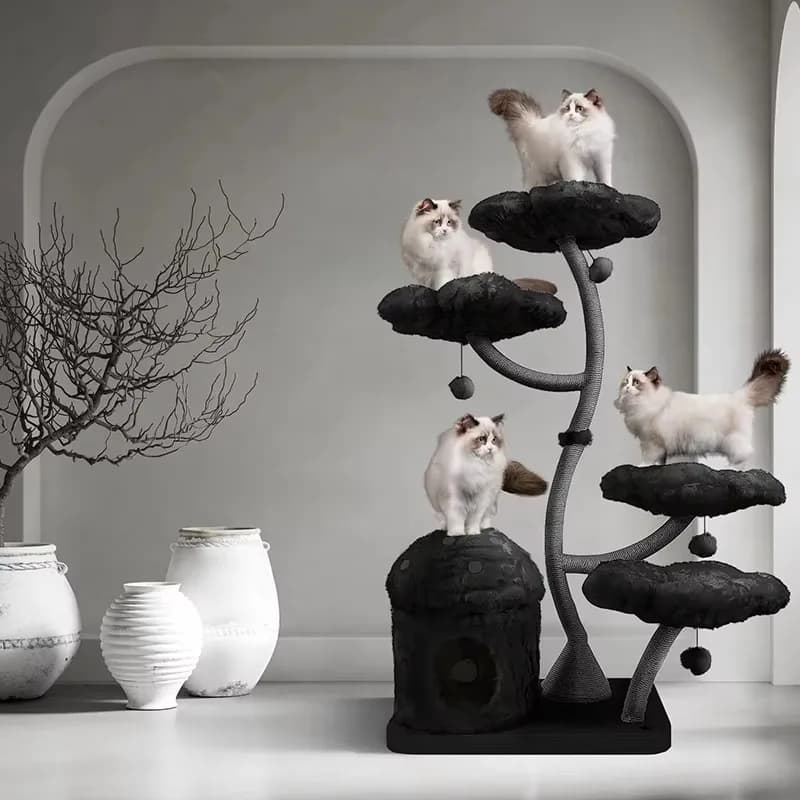 Torre per Gatti di Lusso Personalizzata in Legno Massiccio con Fiori, Albero Natalizio per Gatti, Moderno Arrampicabile in Legno per Gatti