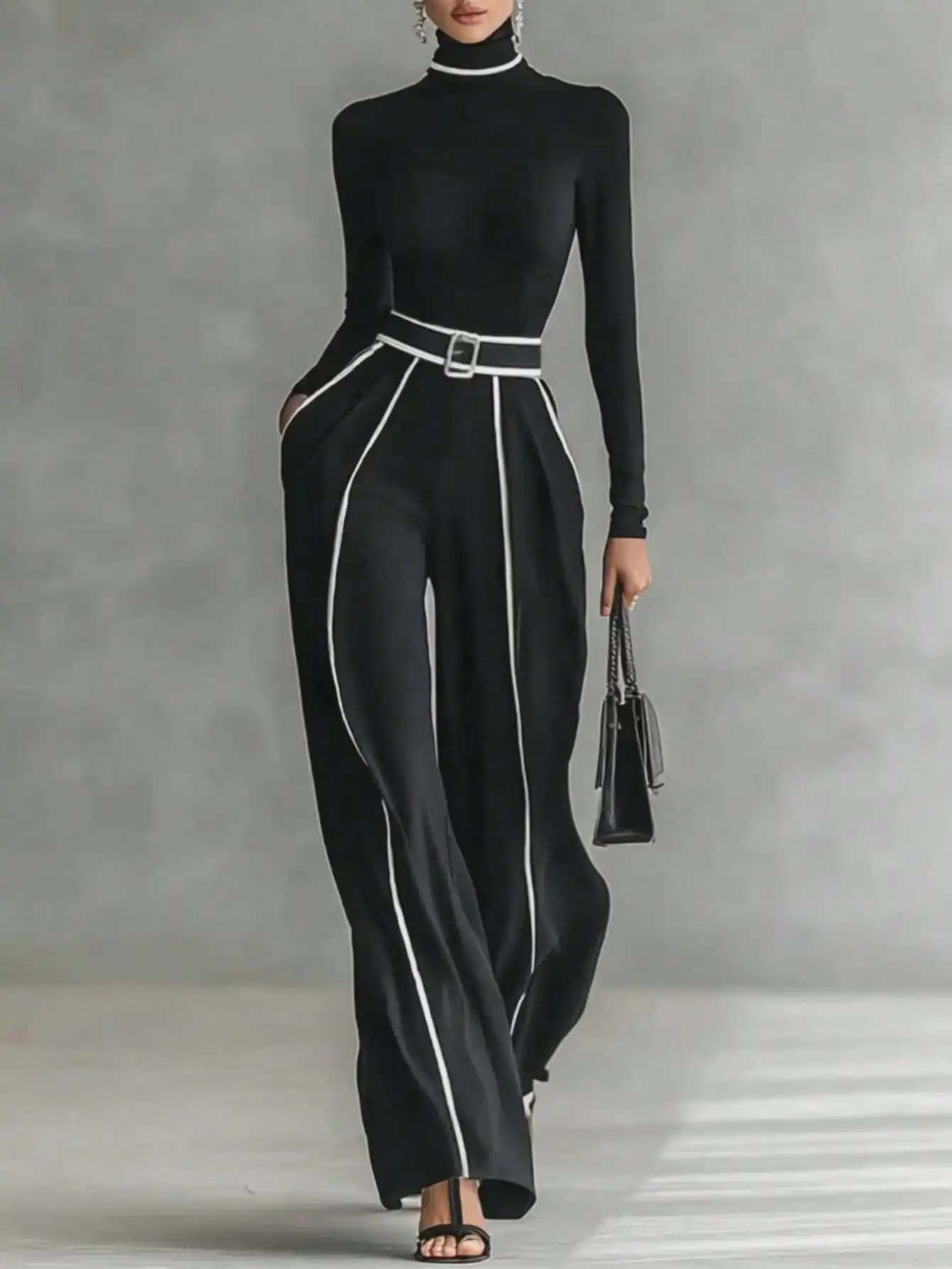 Elegant Black Two Pieces: High Collar Top in Long Sleeves and Larga Gamba Pants with Belt and White Details