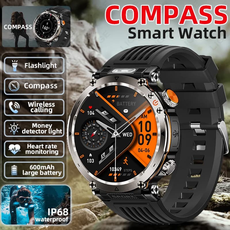 Nuovo Smartwatch Militare da Esterno per Uomo con Monitoraggio della Frequenza Cardiaca, Orologio con Torcia LED, Braccialetto Sportivo Impermeabile, Chiamate BT, Display AMOLED