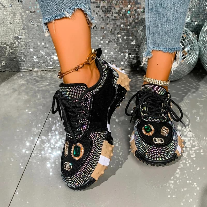 High-appearation-level Thick-soled Lace-up Rhinestone Fashionable, Comfortable, Anti-slip and Breathable Sports Women's Shoes