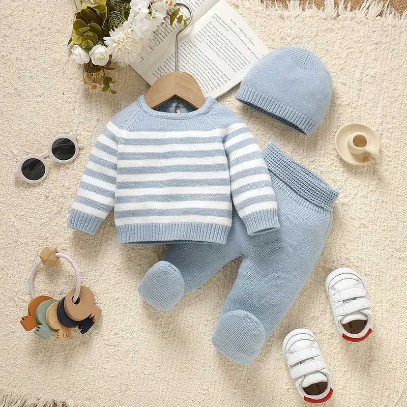 Neonati maschi vestiti Set autunno inverno collo alto manica intera maglioni lavorati a maglia top + leggings + cappelli abiti vestito infantile 3 pezzi