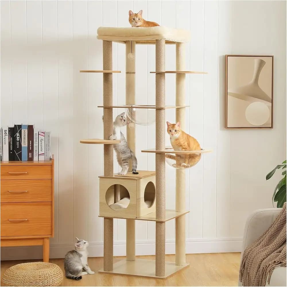 Albero per gatti in legno alto 71" per gatti di grandi dimensioni, torre moderna per gatti con 2 ciotole in acrilico, grande posatoio superiore, spaziosa grotta per gatti (cuscino morbido I