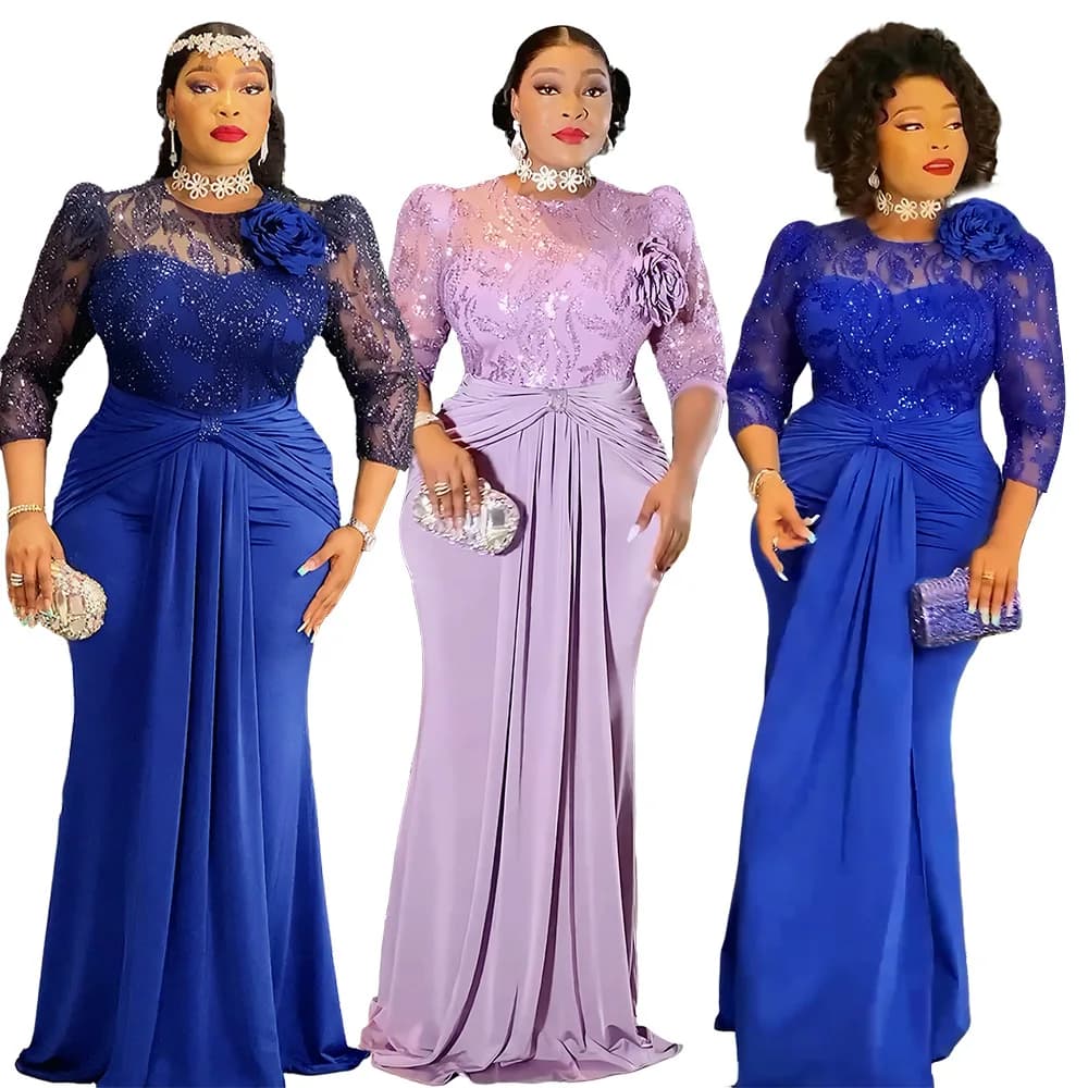 Abiti da sera da festa africani taglie forti con paillettes per le donne Moda Primavera Autunno Abito lungo africano con scollo a V manica 3/4 Abito Ankara