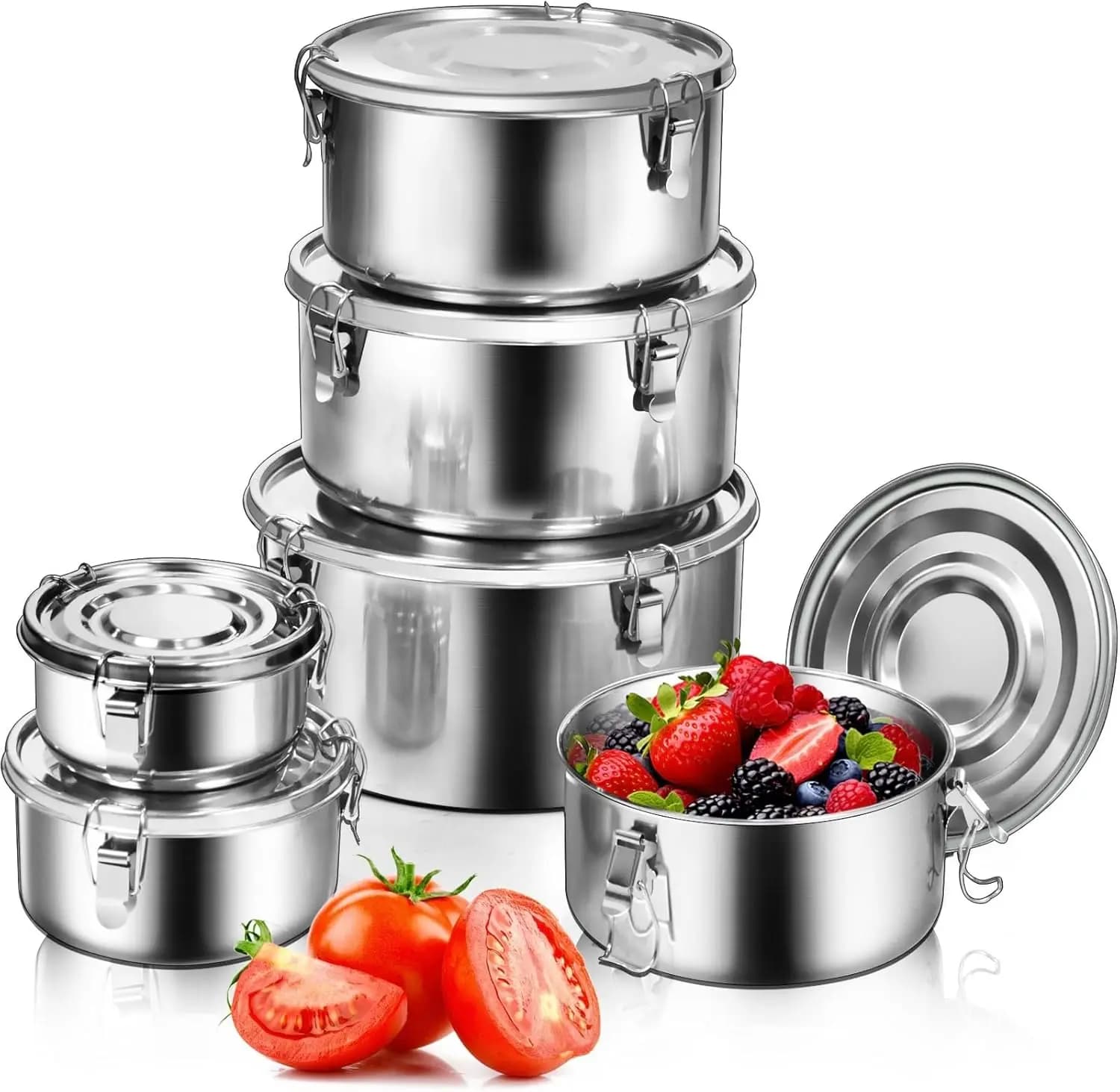 Set of 6 Containers for Food Stainless Steel 304 with Covers, Airtight for Children's Lunch, Kimchi, Soup, Salad and Avanzi