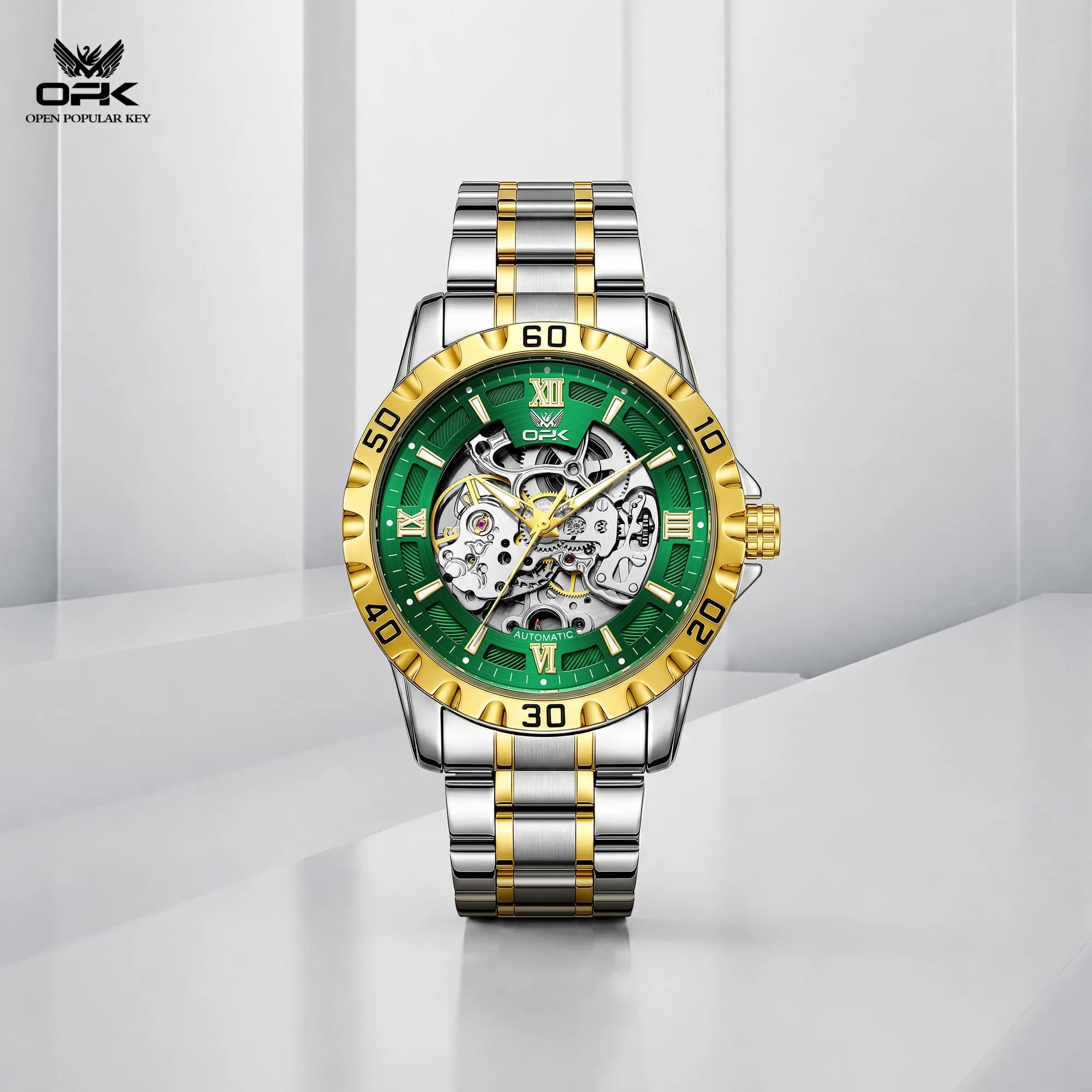 OPK 8199 Business Fully Automatic Mechanical Movement Watch Round Dial 30m Waterproof HD Luminous Function Men Watch