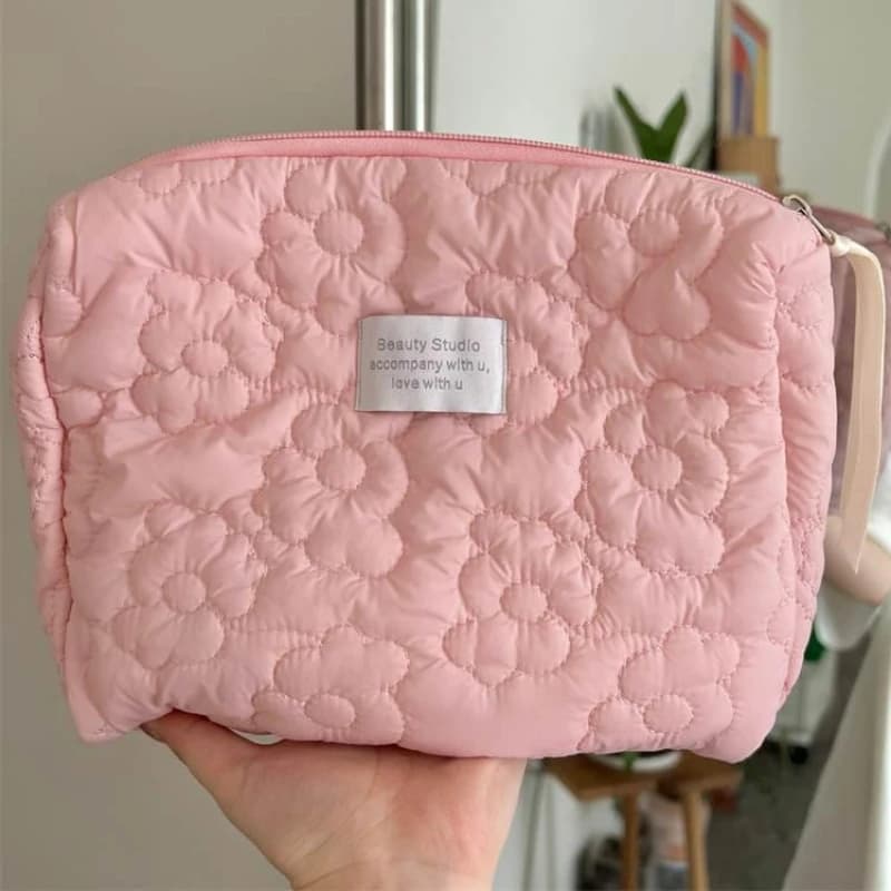 Borsa per il trucco con motivo floreale per le donne Borse per cosmetici Custodia per trucco morbida in cotone trapuntato Custodia con cerniera Custodie grandi per il lavaggio da viaggio