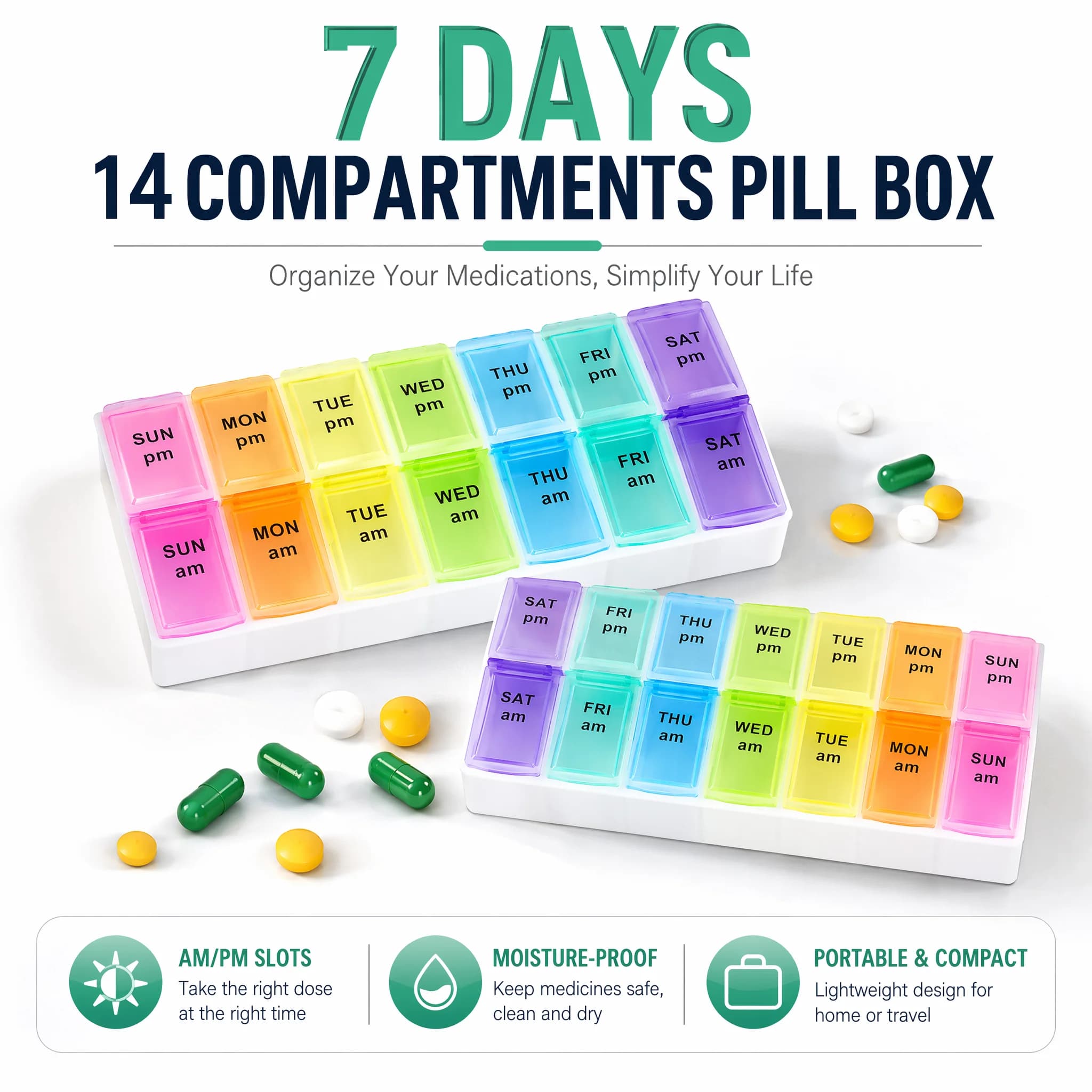 Pill Organizer for 7 Days with 14 Departments, 3 Times per day, Portable, for Travel, Container for Vitamins, Fish Oil and Supplements