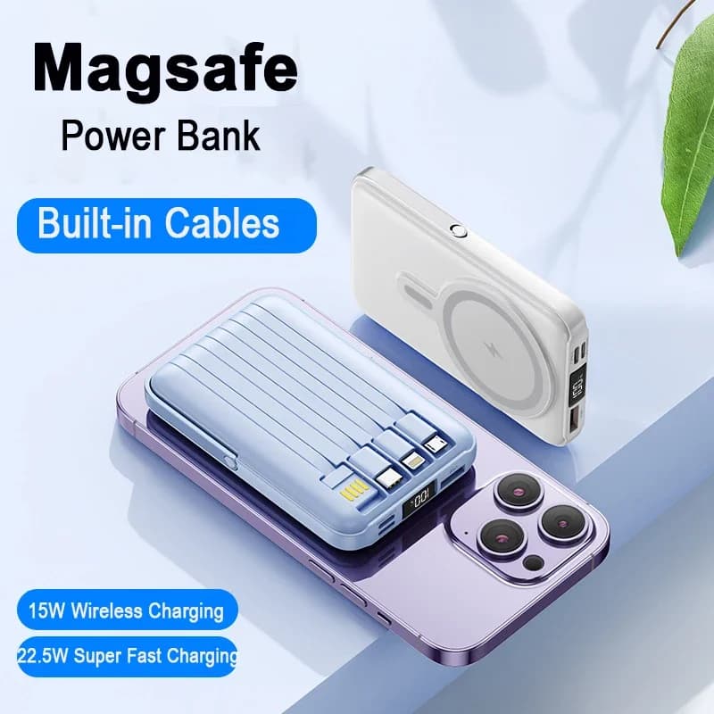 Power Bank magnetico da 20000 mAh – Ricarica rapida wireless, batteria esterna portatile (con cavo e supporto) per iPhone, IWatch, MagSafe