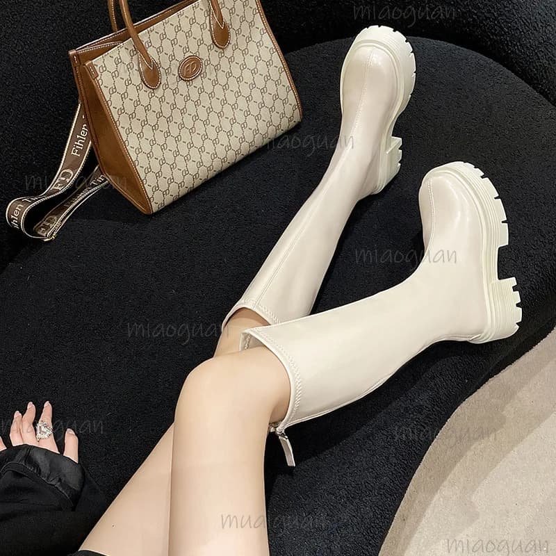 Retro Trendy Women Knee High Boots Thick Soled Back Zippers Knight Long Booties Fashion Street Female Shoes Outdoor Footwears