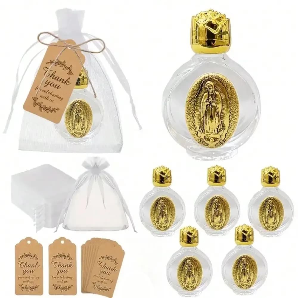 5 Set (15 Pezzi) Bottiglie per Acqua Santa di Santa Maria da 15ml con Carta e Sacchetto - Regalo per la Chiesa, Festa della Mamma per la Mamma/Bomboniere Matrimonio