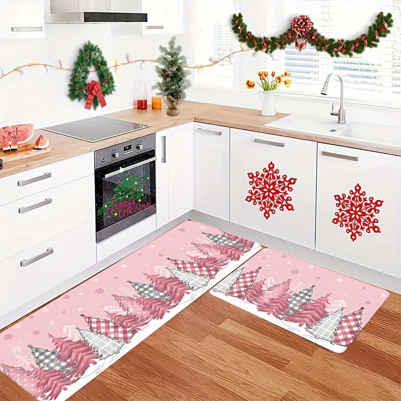 Buon Natale Rosa Albero di Natale Tappetino antiscivolo per porta Ingresso natalizio invernale Tappeto di benvenuto Camera da letto Comodino Tappetino Decorazioni natalizie