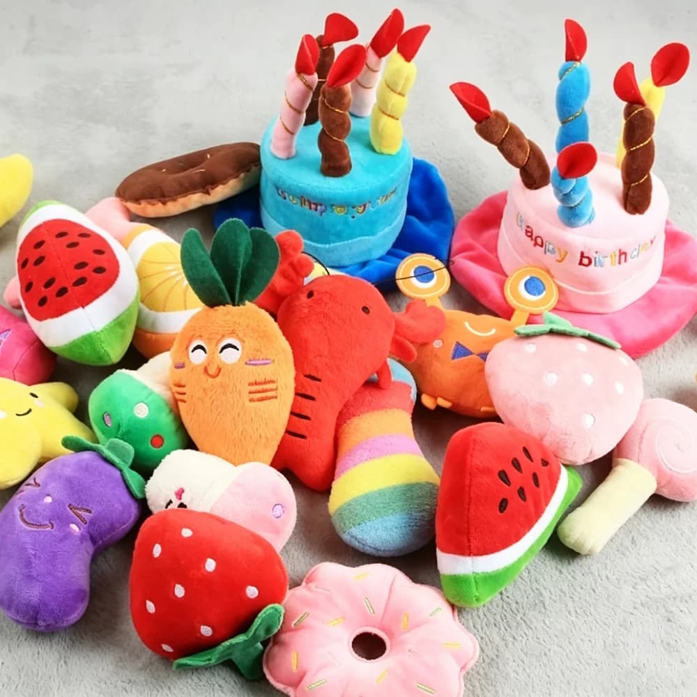 16 Pack Random Squeaky Dog Plush Toy Set Mixed Fruit Animal Stuffed Chew Toys Interactive Teething Pet Toy Gift Pack