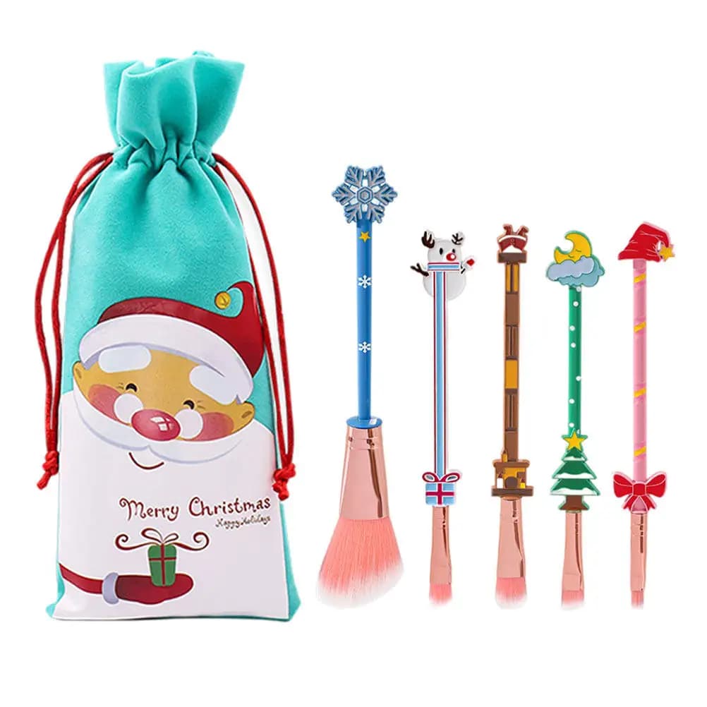 Set di pennelli per trucco da 5 pezzi, strumenti di bellezza a tema natalizio, cosmetici festivi, ombretto, fard, resistente all'usura, durevole, sicuro, delicato, decorativo