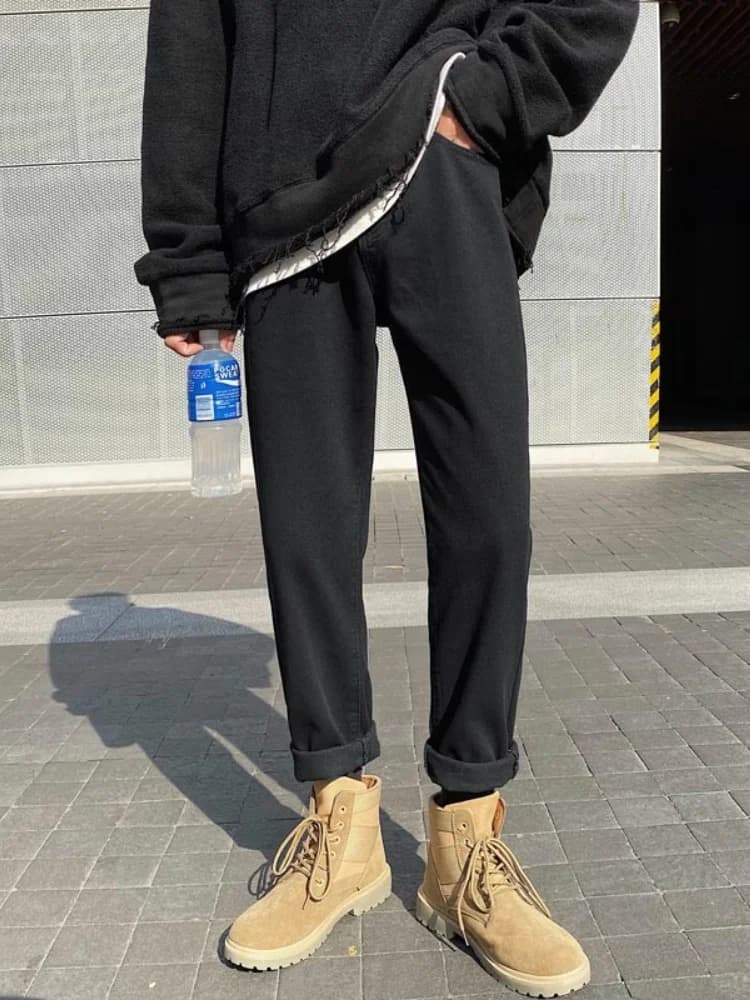 Black Straight Leg Loose Fit Jeans for Men Trendy Slimming Spring Autumn Large Size Long Pants Youth Fashion Wear Resistant
