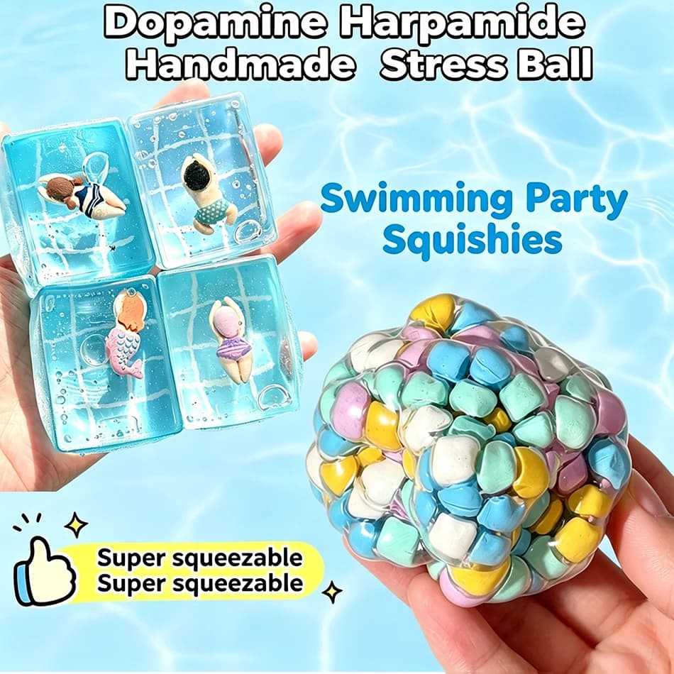 Swimming Party Squishies Set Mermaid Diver Cube Squeeze ＆Colorful Foam Beads Stress Ball Fidget Toy For Anxiety Relief Gifts