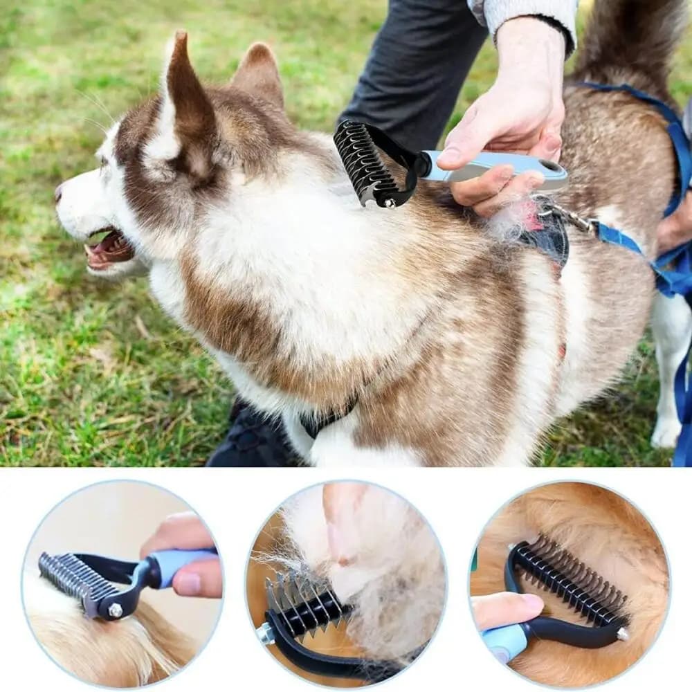 Grande spazzola blu per la rimozione degli animali domestici, rastrello sottopelo in acciaio inossidabile e pettine demolitore per cani e gatti, strumento per toelettatura per la pelliccia