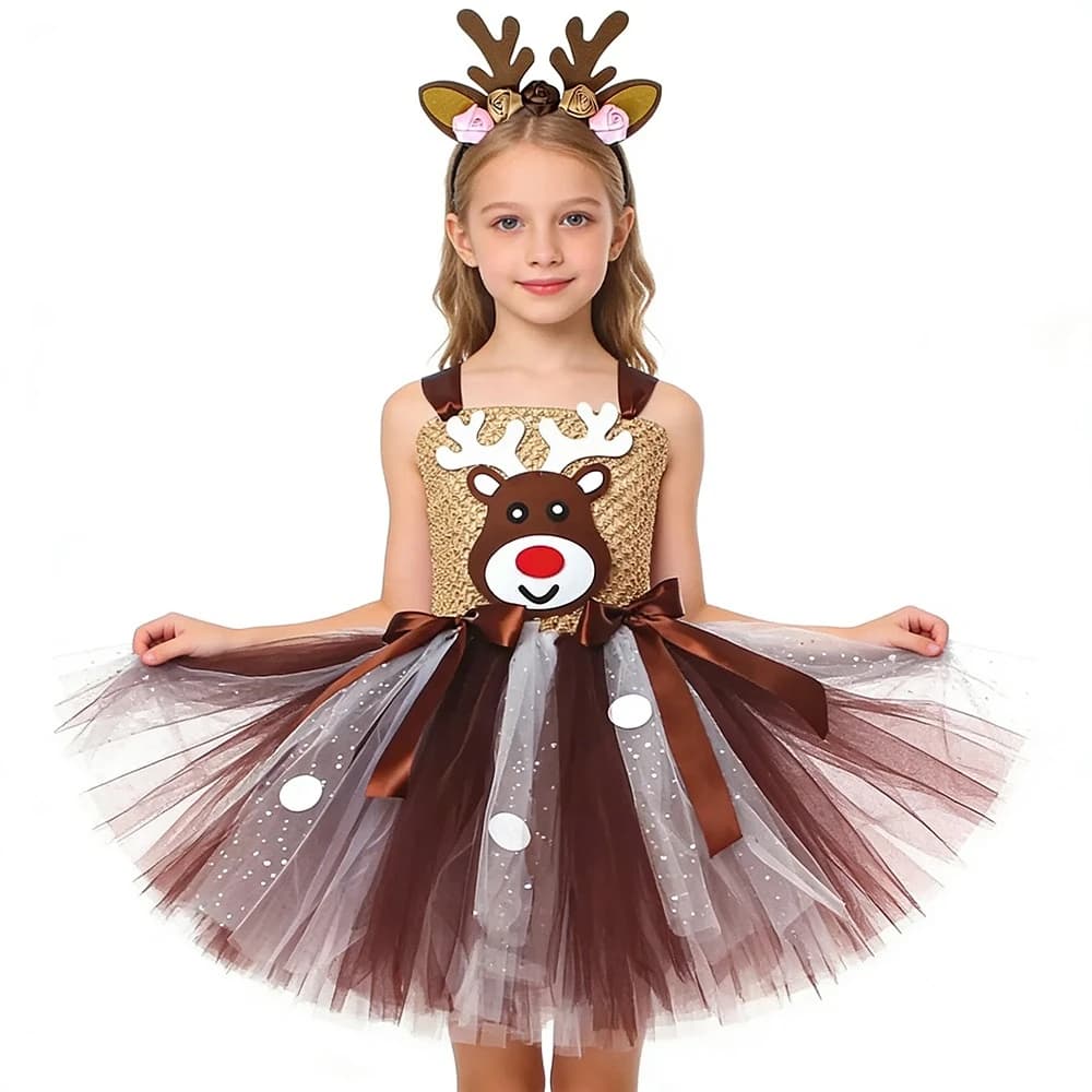 Abiti da Principessa per Natale, Costumi per Feste di Compleanno, Vestito al Ginocchio con Rete a Motivo di Alce, Set per Spettacoli