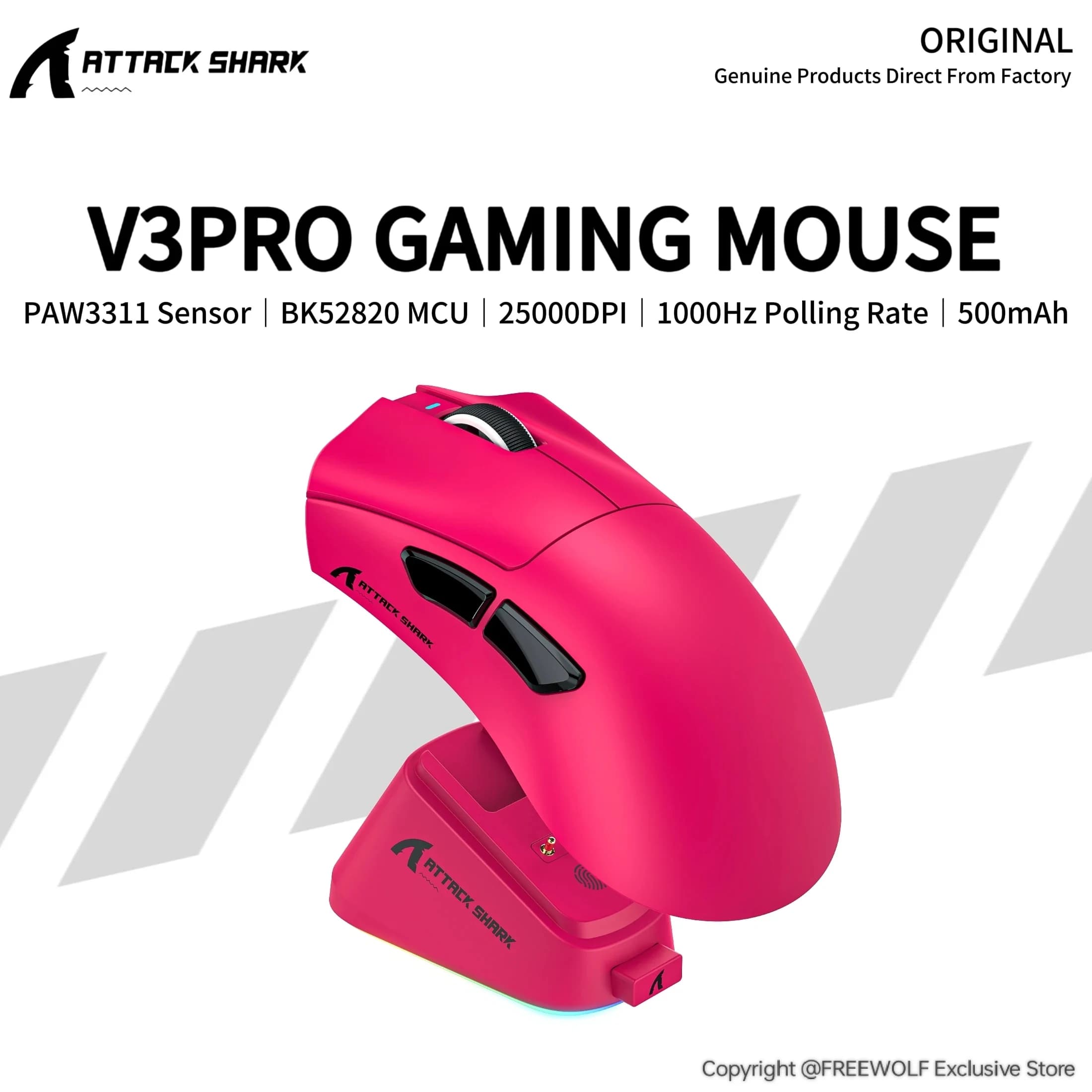 Mouse da Gaming V3Pro Attack Shark Cablato/Wireless 1K Hz, 25000 DPI, MCU BK52820, Switch Omron 100 Milioni di Utilizzi, Gestito da Cloud Web
